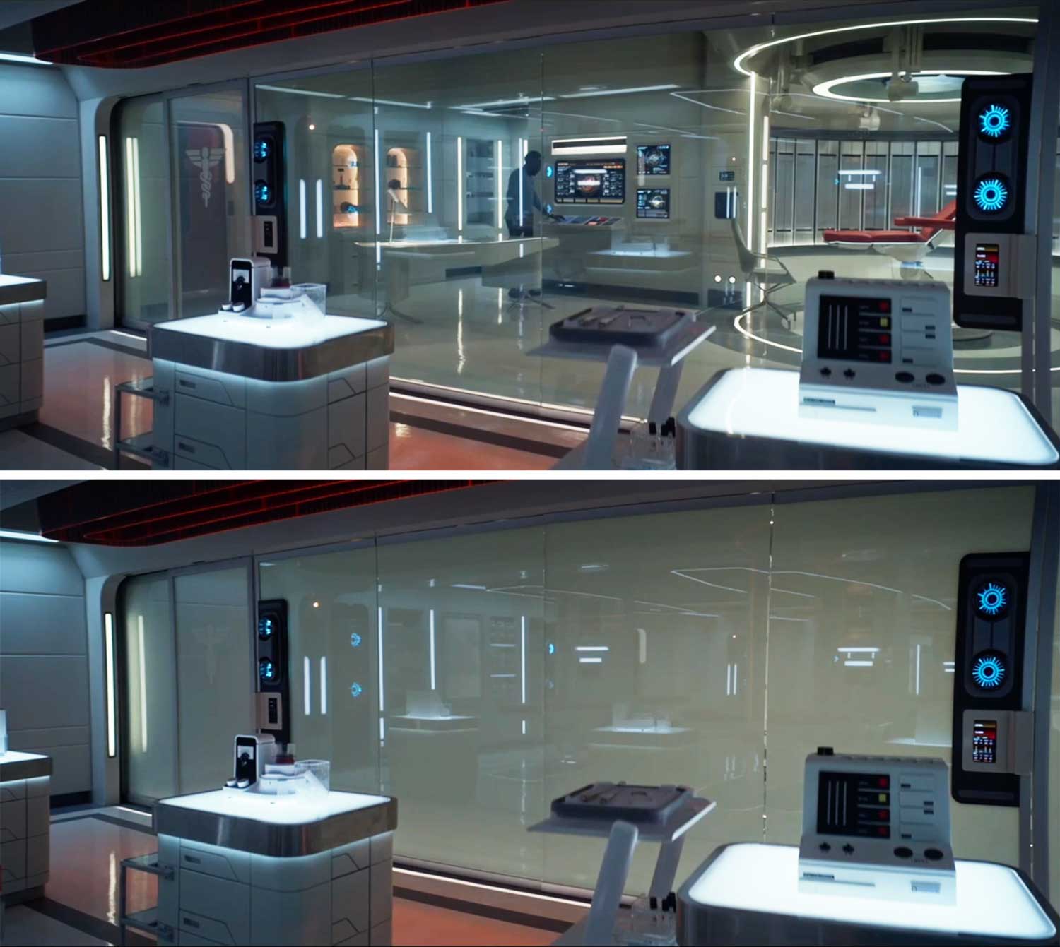 The Star Trek: Strange New Worlds medical bay set, built with PriWatt switchable glass