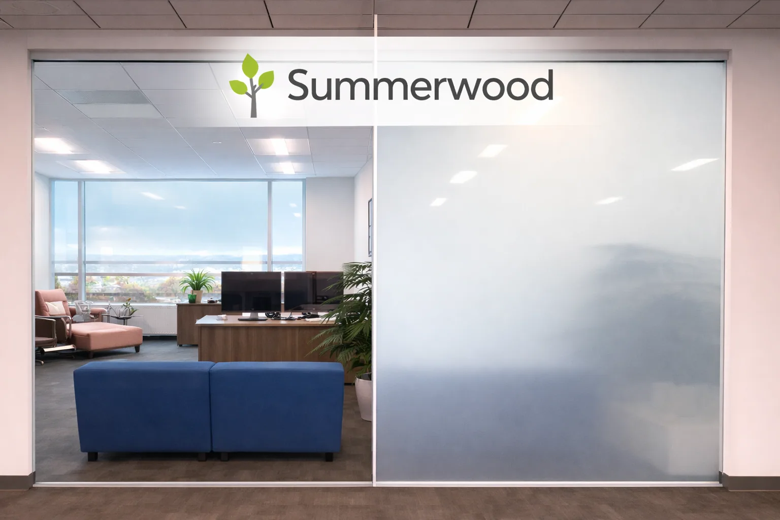 PriWatt PDLC smart film privacy wall at Summerwood Corporation headquarters