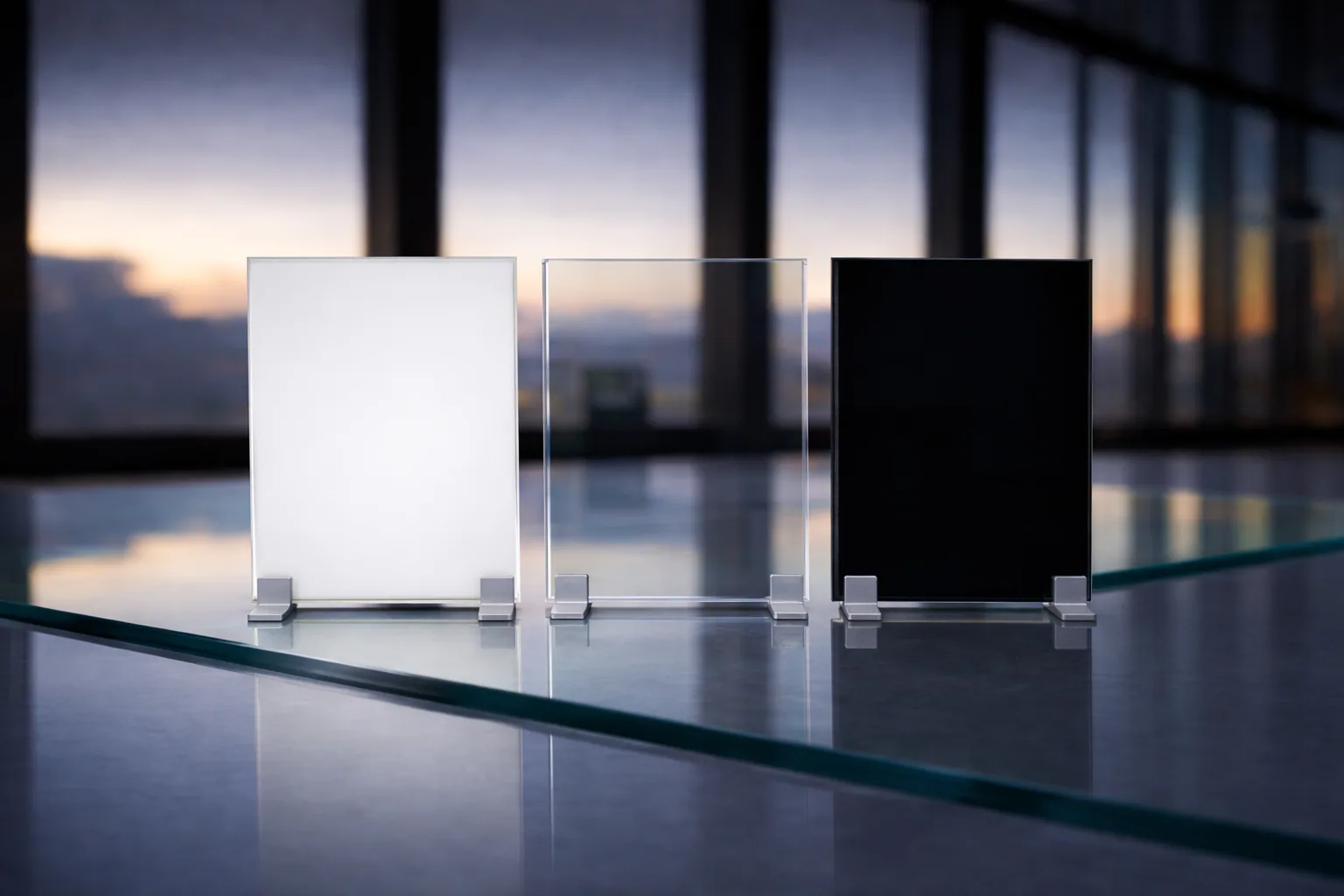 PriWatt smart glass sample panels in clear and dark states
