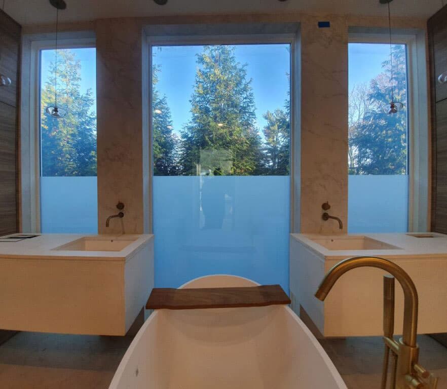 Switchable privacy film on a bathroom window in its frosted state