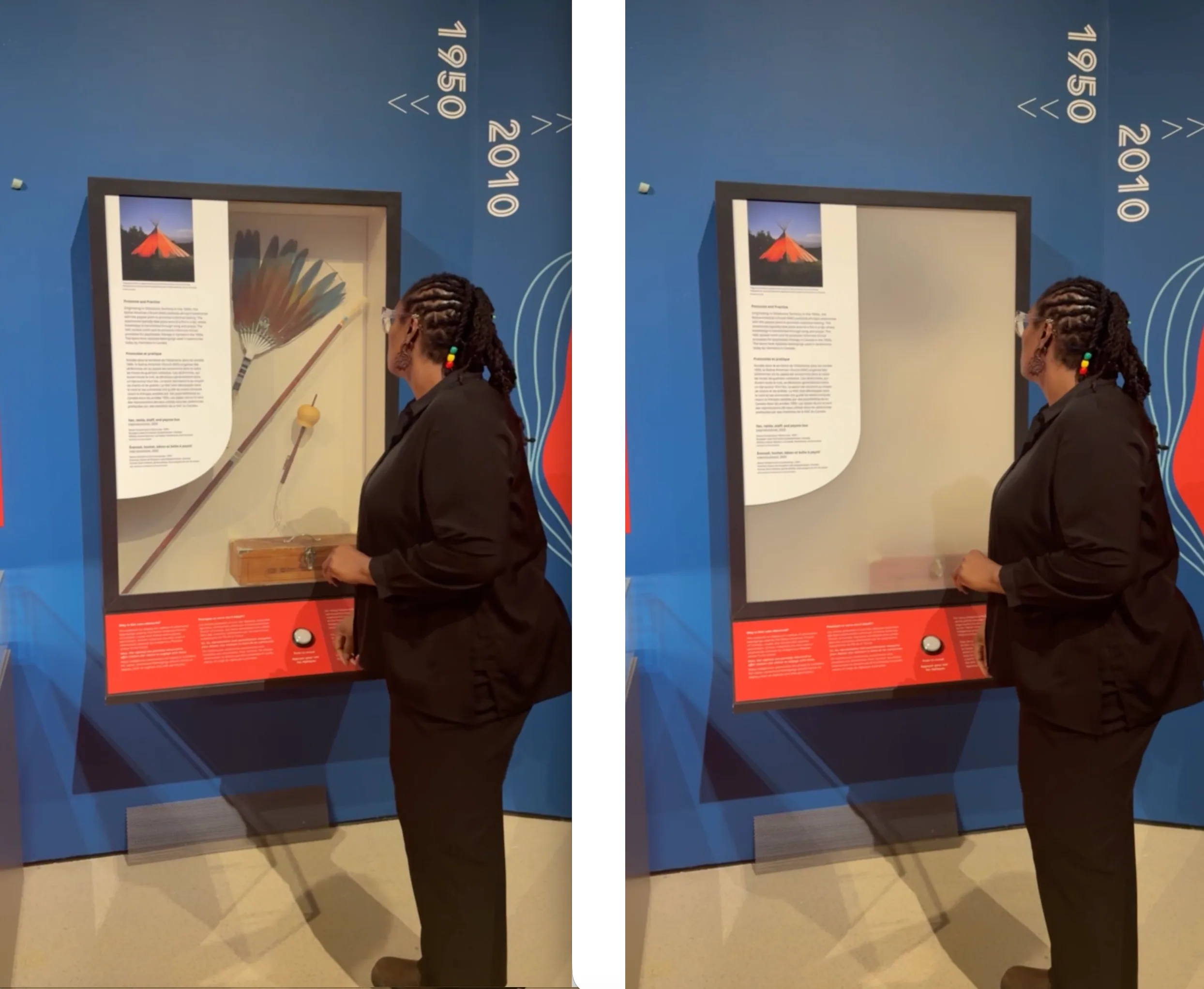 Visitors at an interactive smart glass display in the Royal Ontario Museum