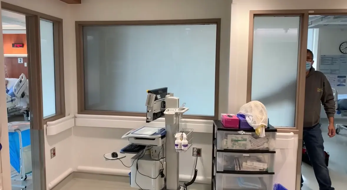 Switchable glass panels in a clinical area at North York General Hospital