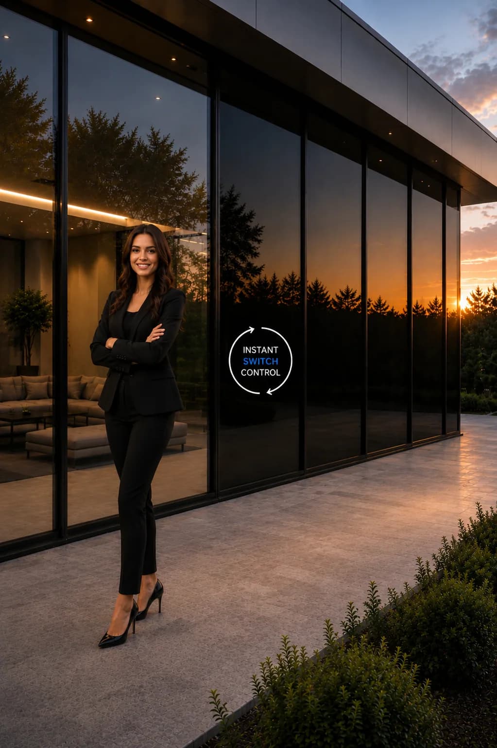 DLC switchable glass darkened against low evening sun