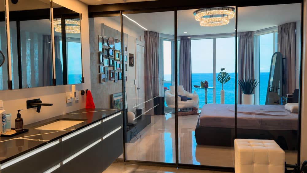 The same hotel suite partition switched to transparent