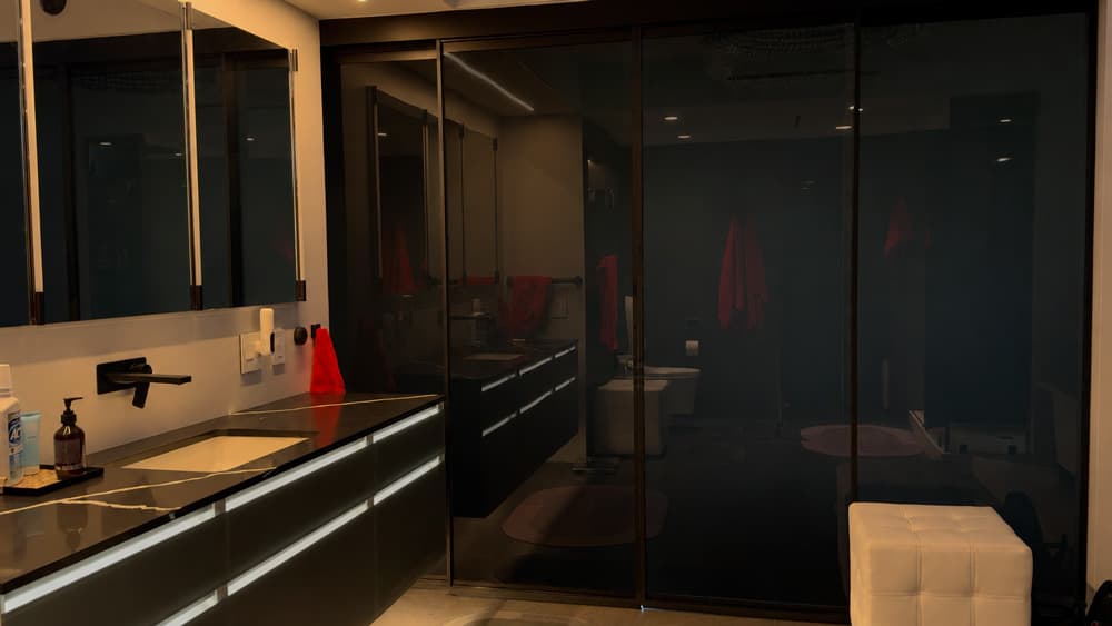 Hotel suite partition with PriWatt smart glass in privacy mode