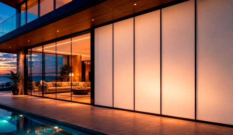 Modern home at dusk with PriWatt PDLC smart glass glowing across the facade