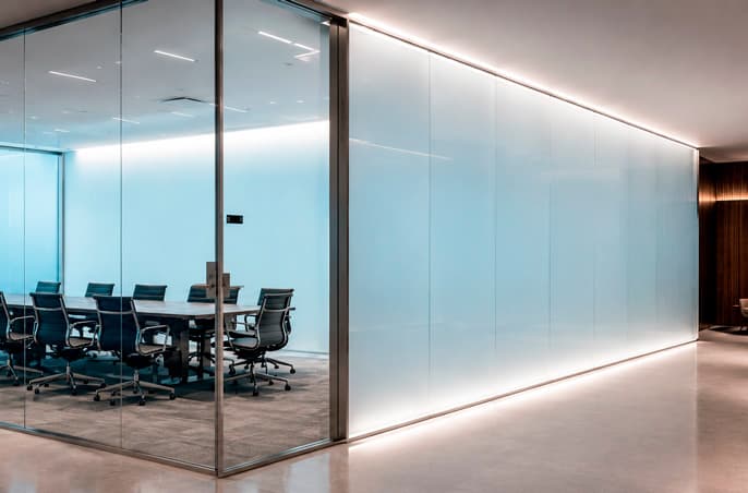 Conference room wall built with PriWatt PNLC reverse-mode smart film