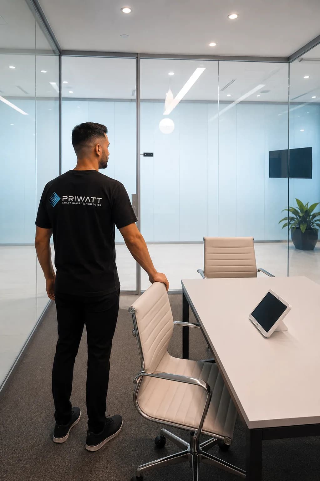 A switchable glass conference room wall in its private state