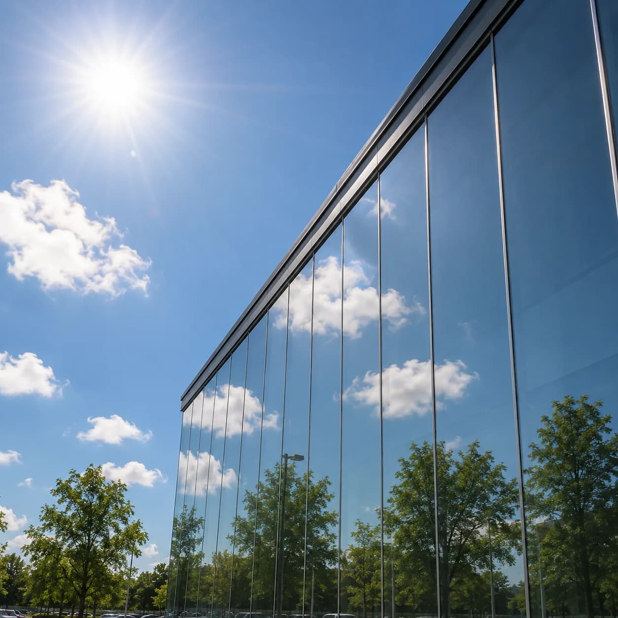 Switchable glass on a building facade, controlling solar gain