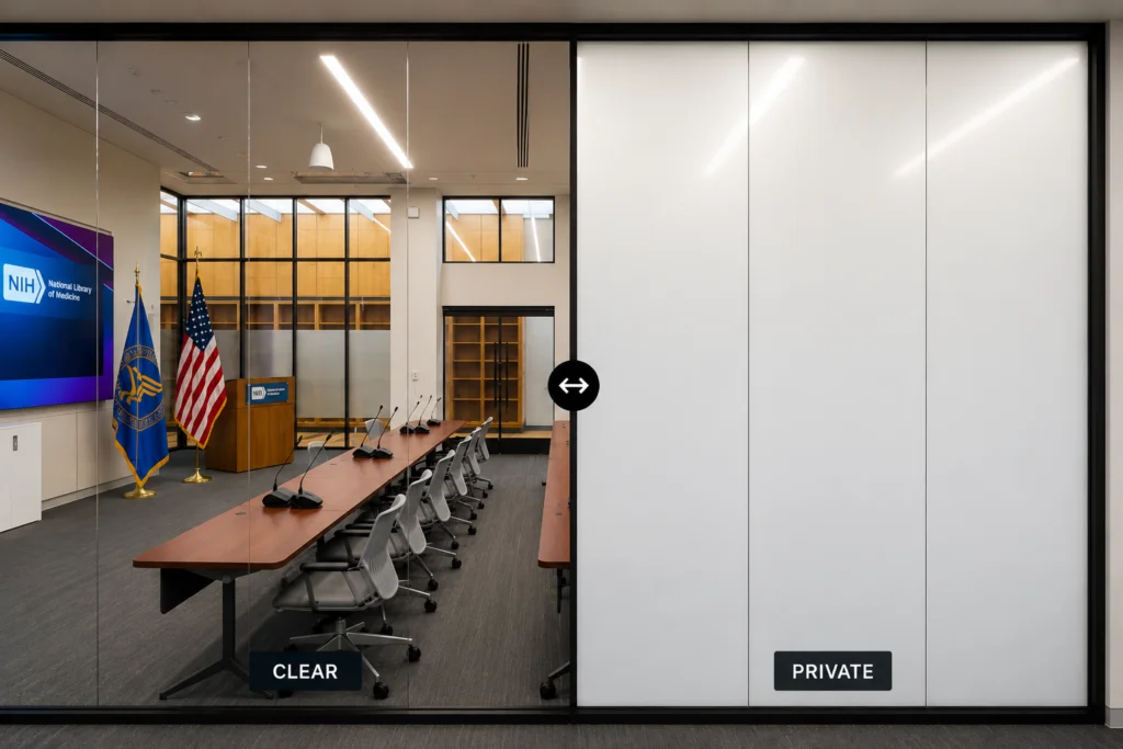 One glass wall shown clear on one side and private on the other