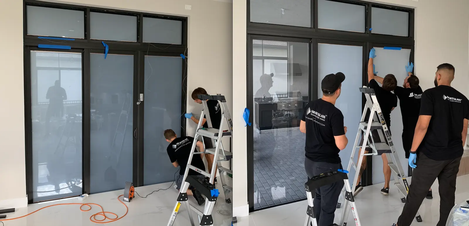 The switched glass wall used as a rear-projection screen in the home cinema