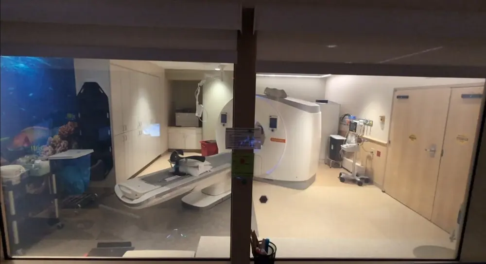 The MRI observation window at Lee Health with the film clear during a scan