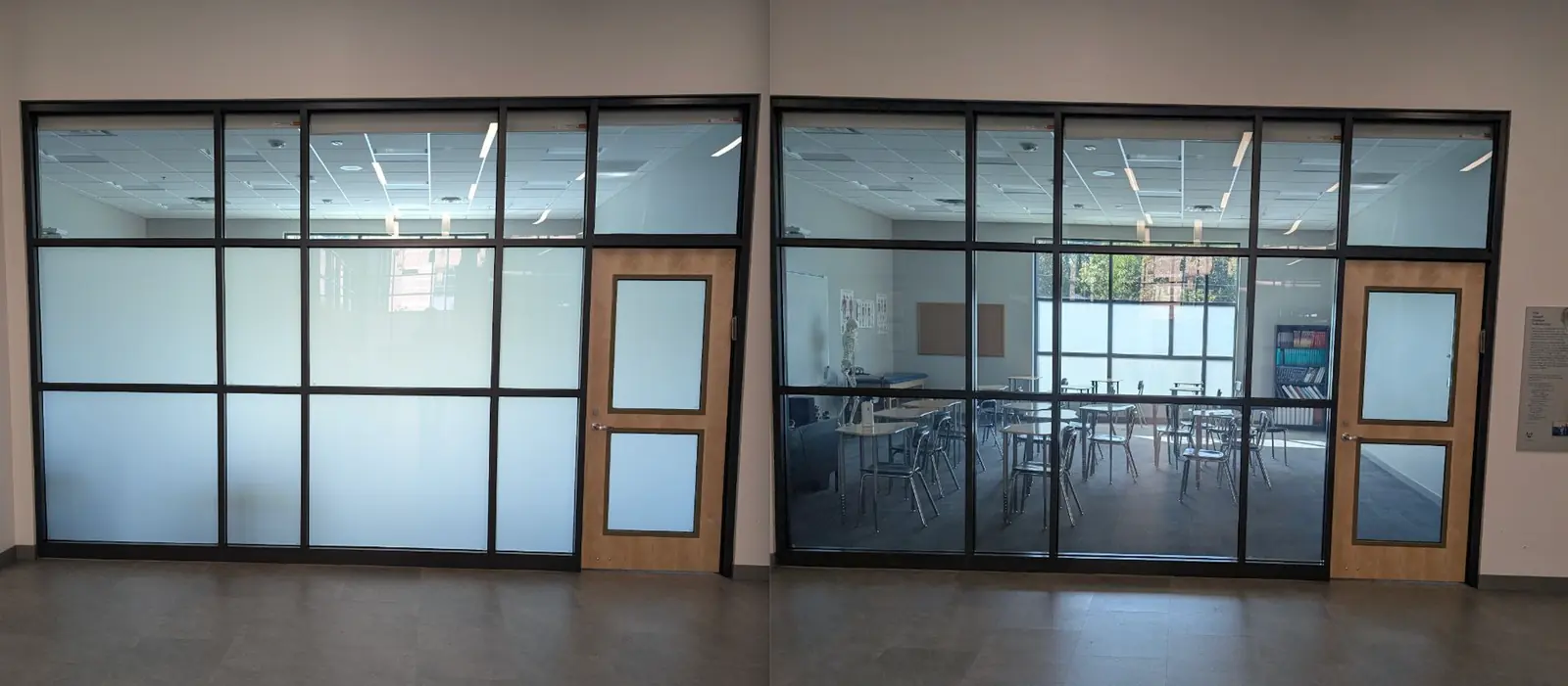 A glazed common area at The Weber School with the film clear