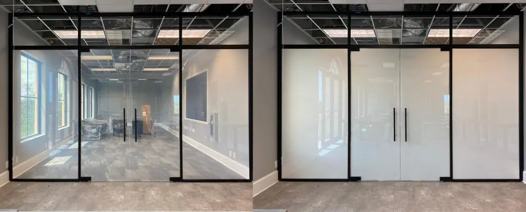 The glazed office doors at Redcon1 with the film in its clear state