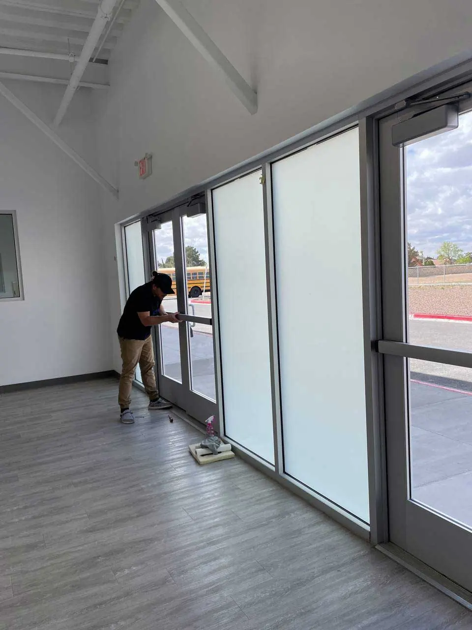A classroom vision panel with the switchable film in its clear state
