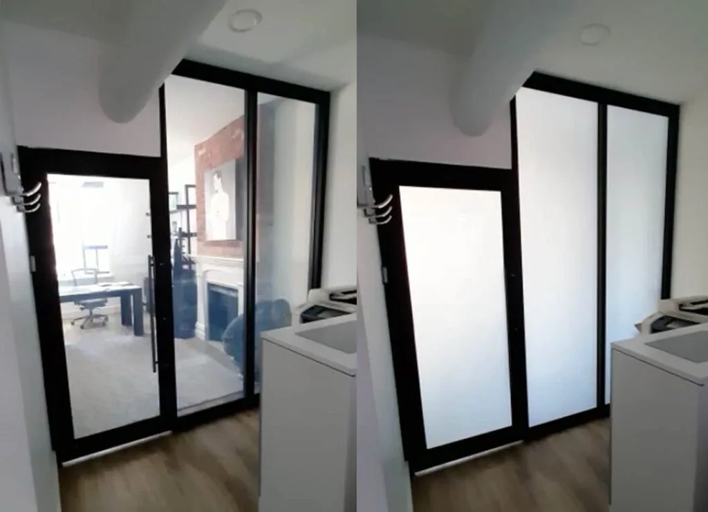 Doors at the Berkley Group office, one clear and one switched to privacy