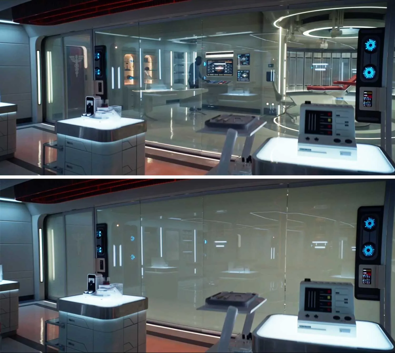 The Star Trek: Strange New Worlds medical bay set, built with PriWatt switchable glass