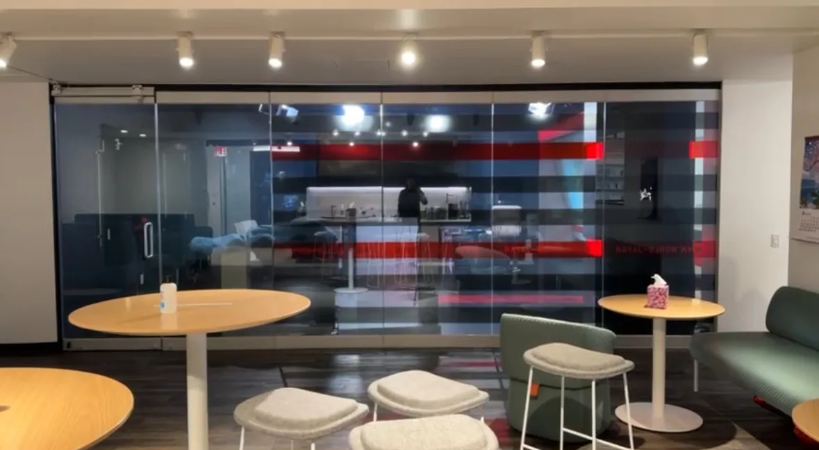 The finished NHK World-Japan studio with the switchable glazing in place