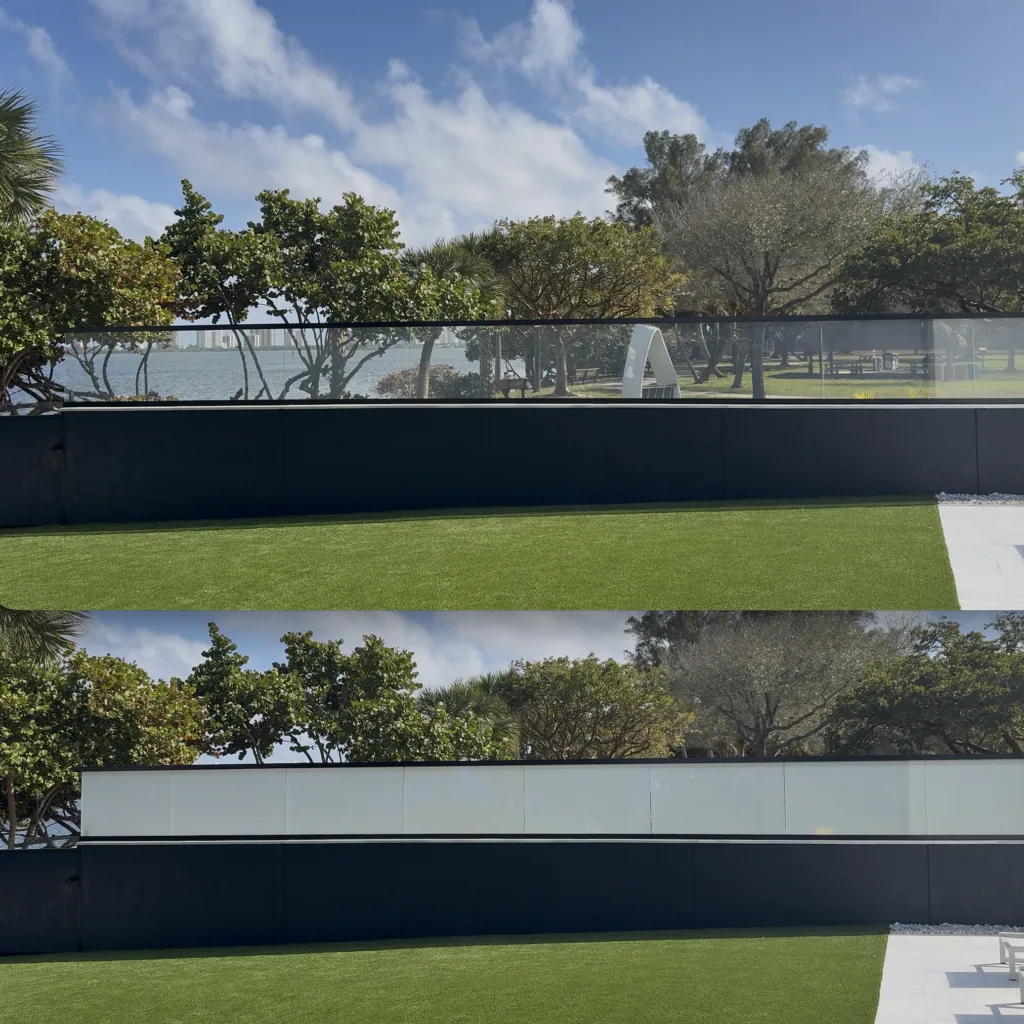 The finished smart glass railing seen from the garden side