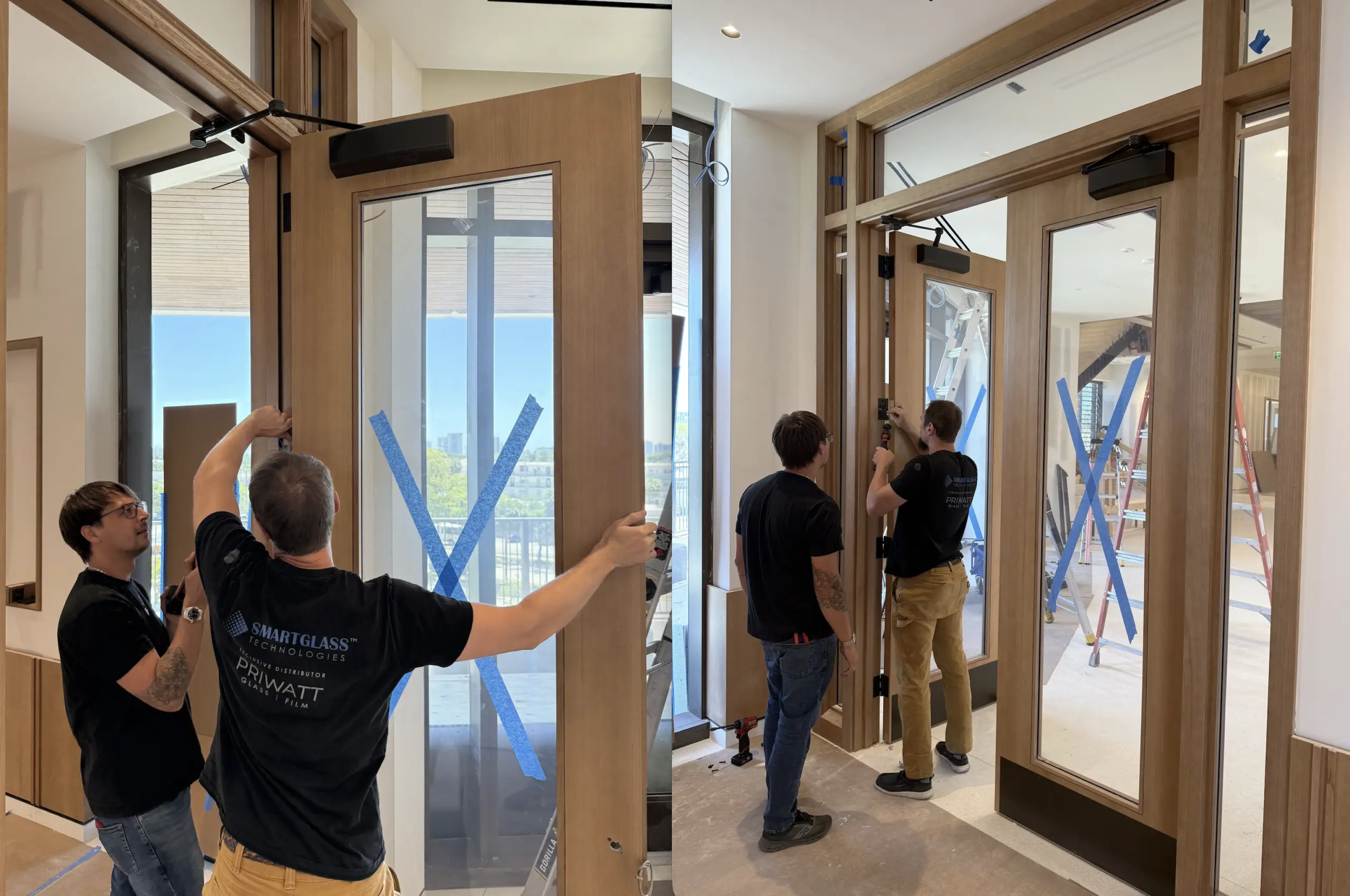 PriWatt installers fitting switchable glass doors on site