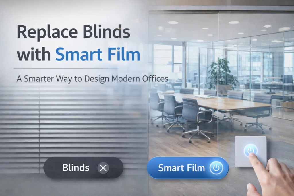 A meeting room with switchable film instead of blinds