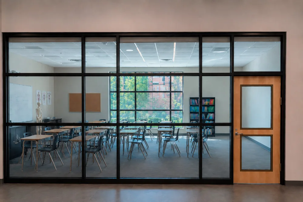 The same classroom partition switched to transparent