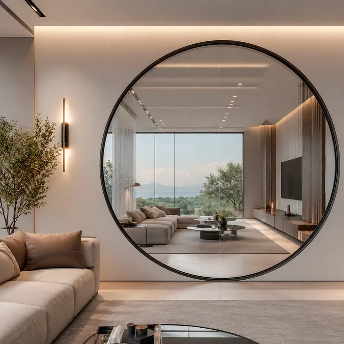 Custom round smart glass panel in a residential interior