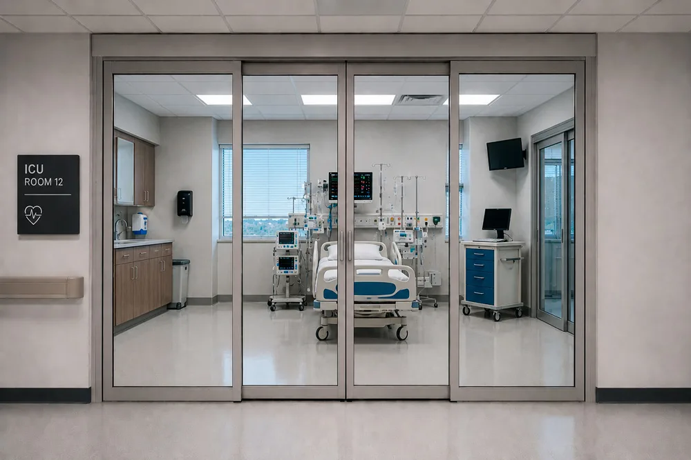 ICU room glass wall in transparent mode for patient monitoring