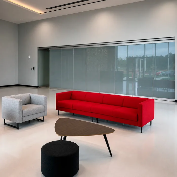 Office lobby where PriWatt smart glass provides instant privacy on demand