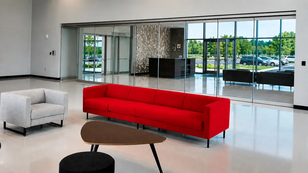 The same office lobby wall switched to transparent