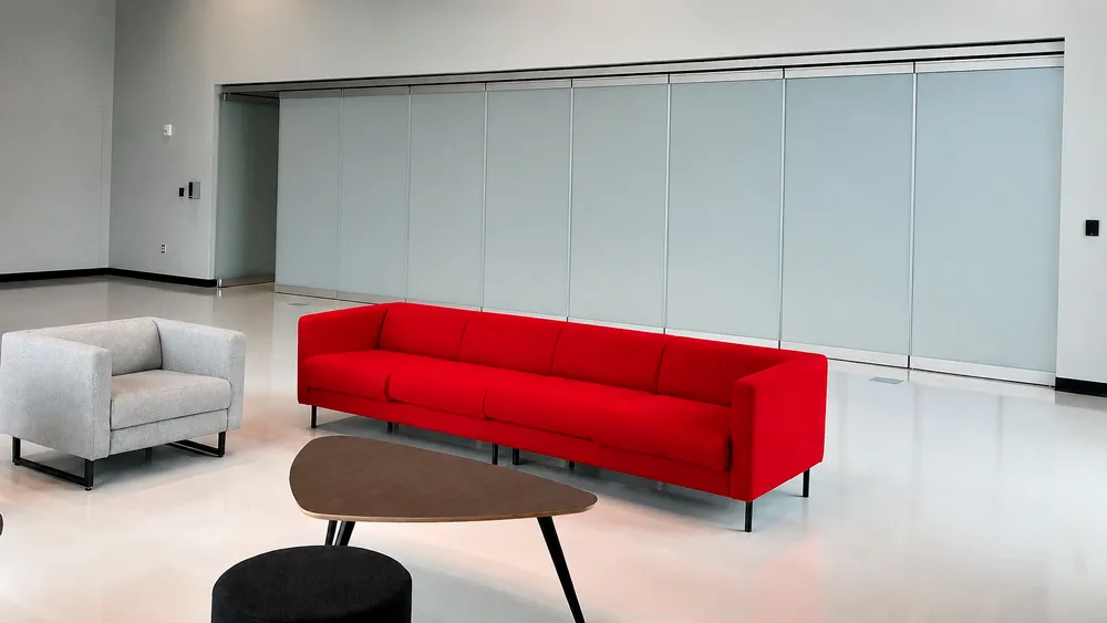 Office lobby wall with PriWatt smart glass in privacy mode