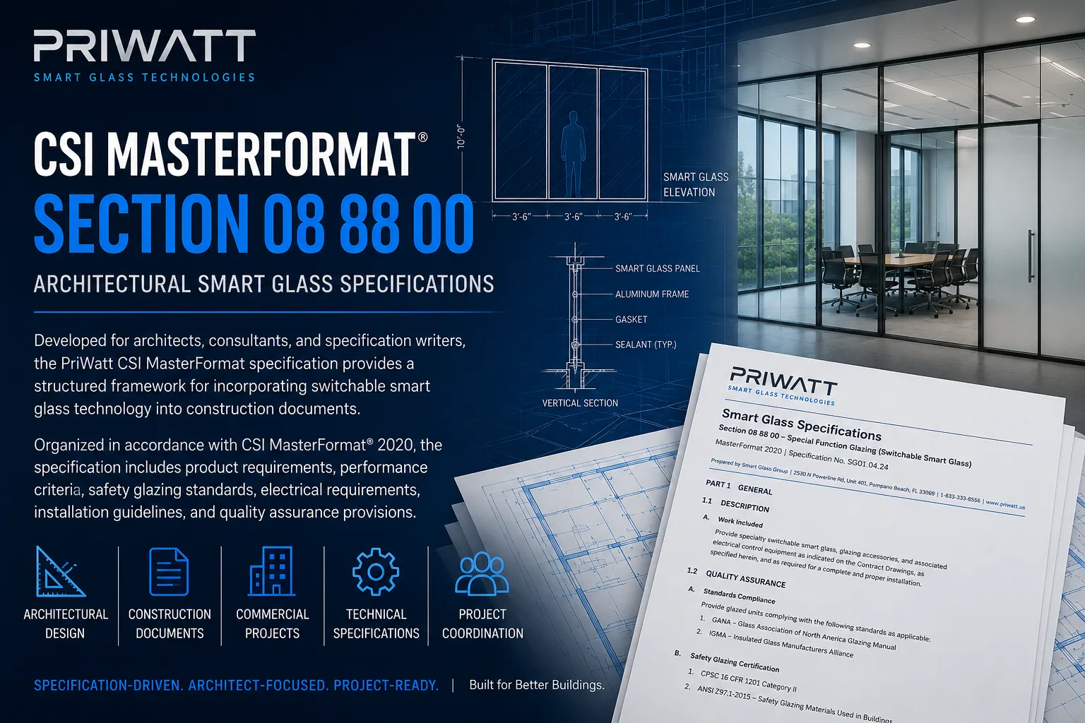 PriWatt architectural smart glass specification under CSI MasterFormat section 08 88 00