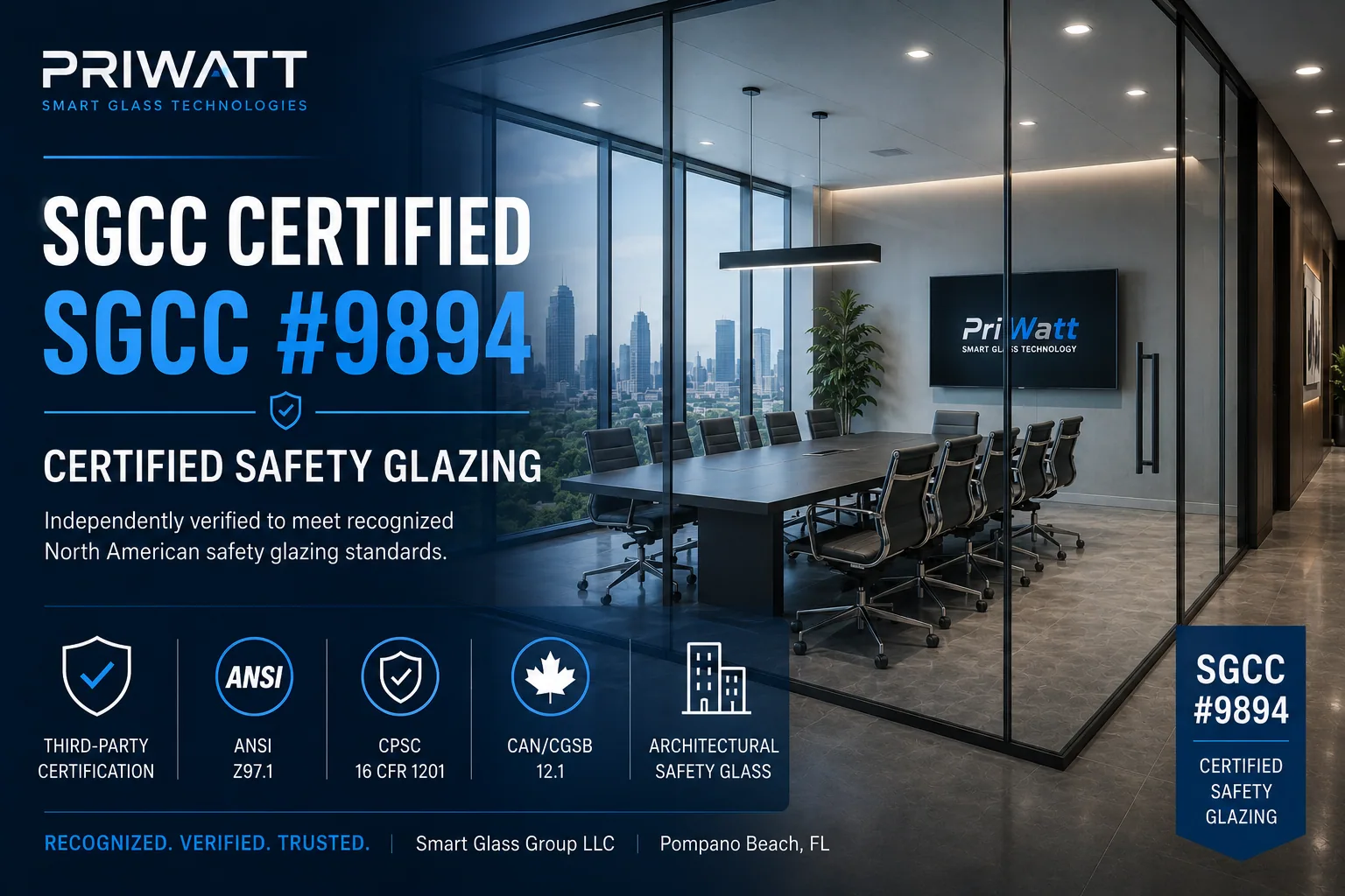 PriWatt is SGCC certified (#9894) to North American safety glazing standards