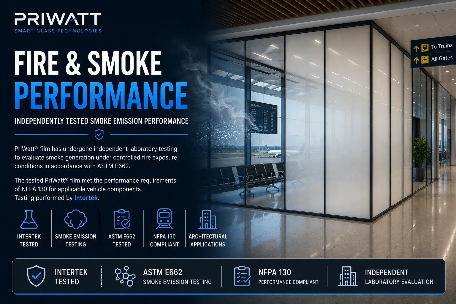 Fire and smoke performance of PriWatt smart film, independently tested to ASTM E662