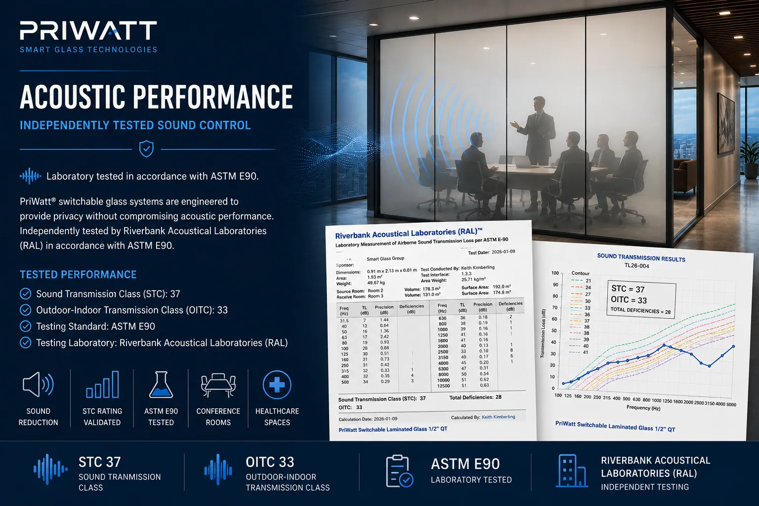 Acoustic performance of PriWatt smart glass, independently tested to ASTM E90