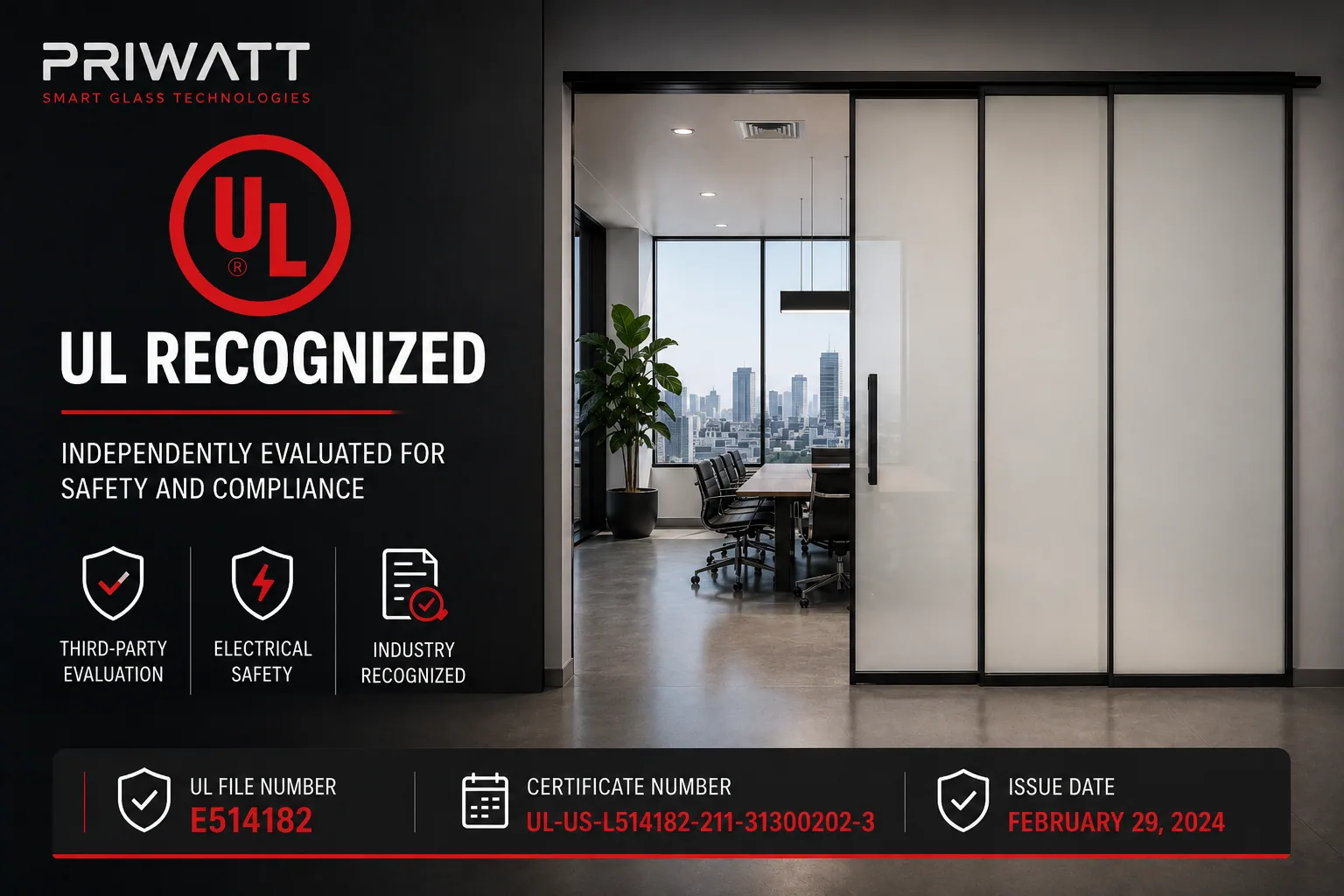 PriWatt smart film is UL Recognized, independently evaluated for safety and compliance