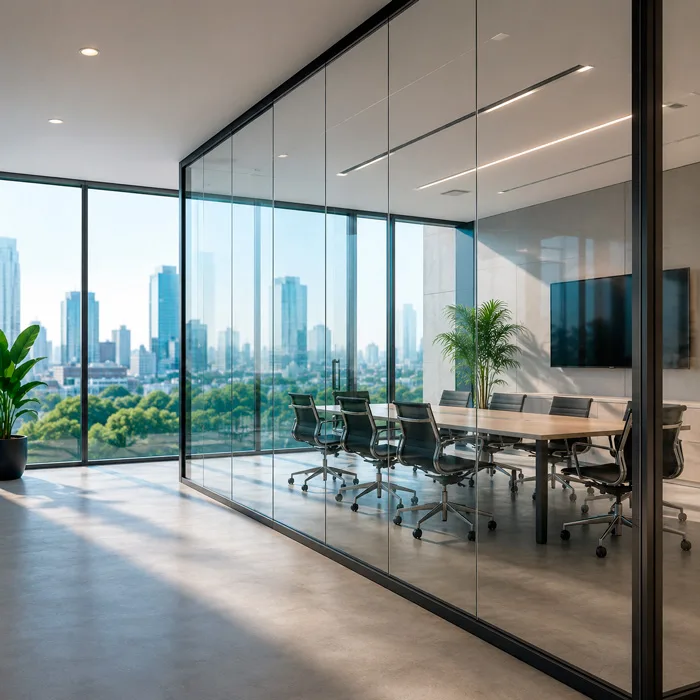 PriWatt reverse smart glass stays clear without power in a conference room