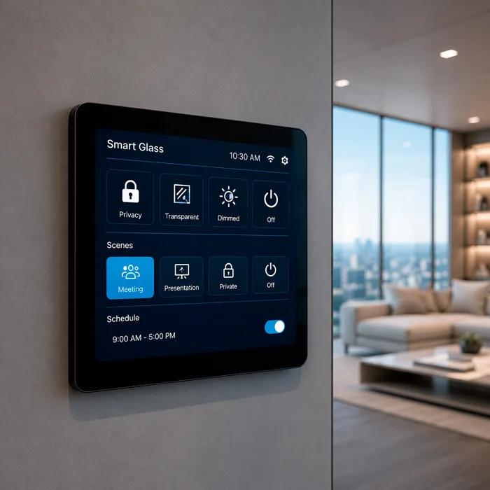 Wall control panel integrating PriWatt smart glass with building automation