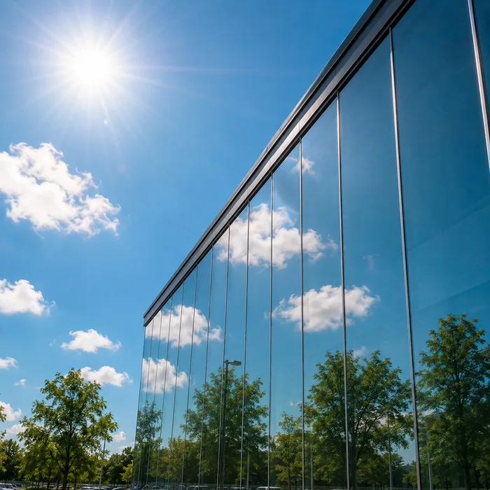 Glass facade in full sun, illustrating PriWatt smart glass UV and solar protection