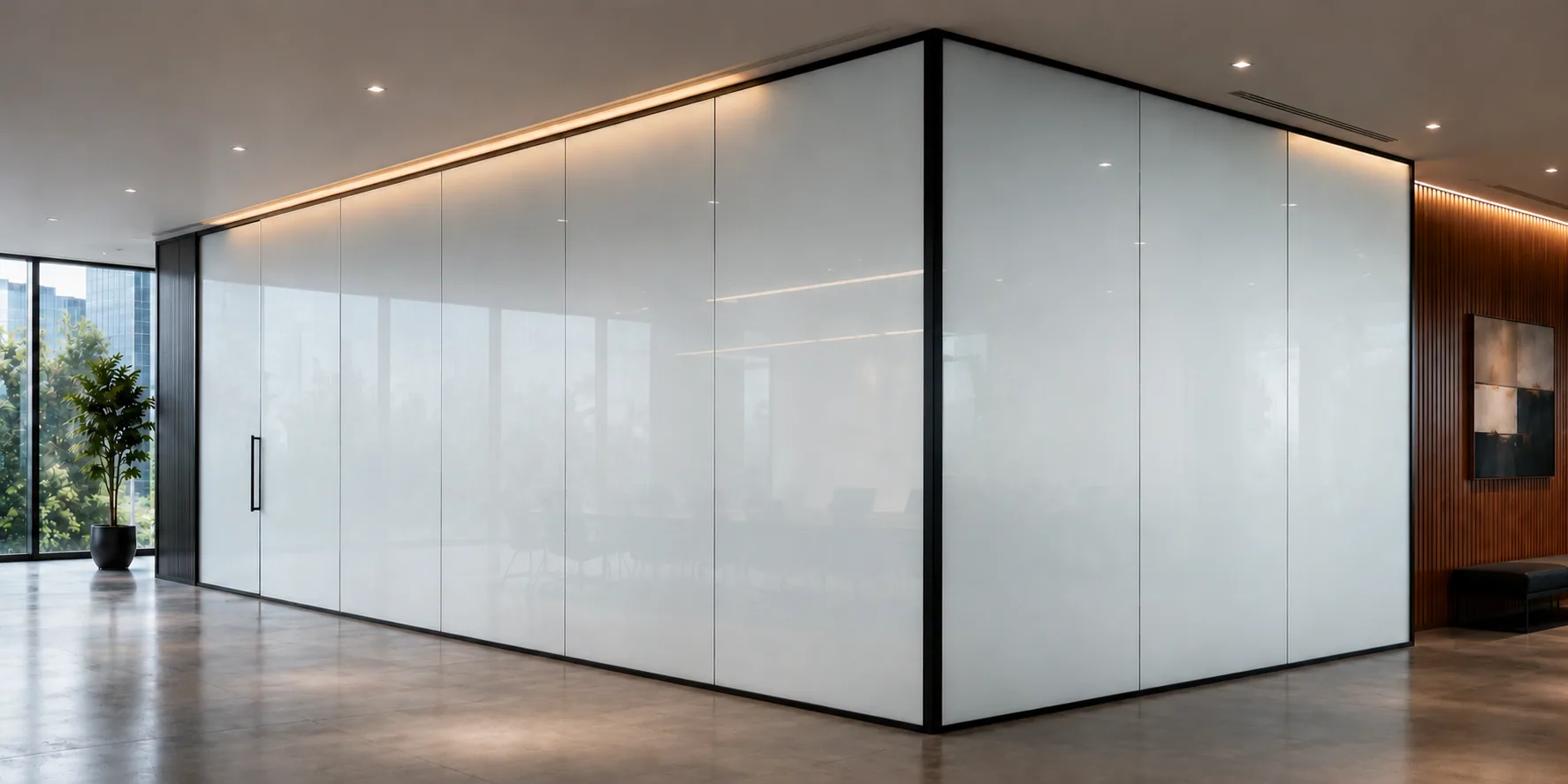 Office enclosure glazed with PriWatt PDLC smart film in its frosted privacy state