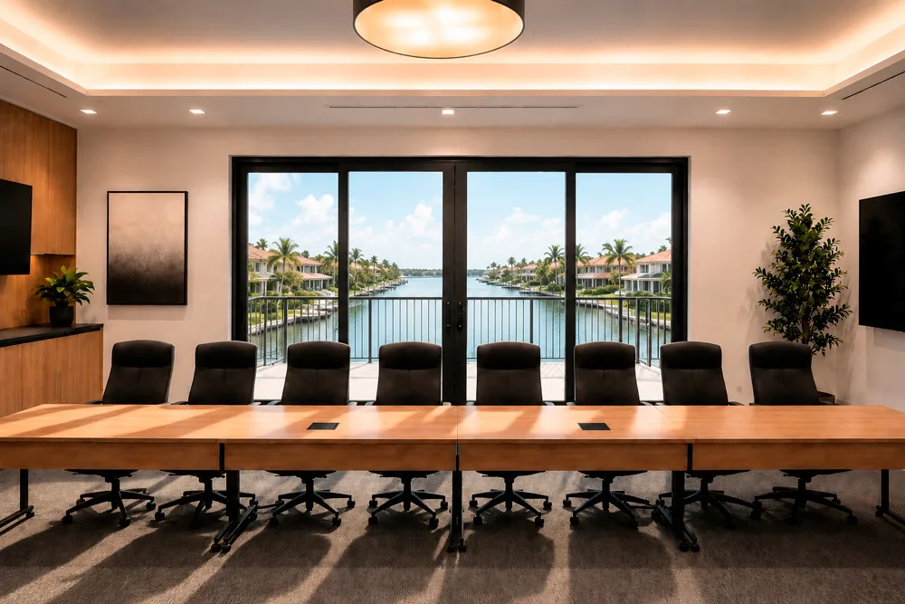 The same boardroom wall switched clear, opening onto a water view