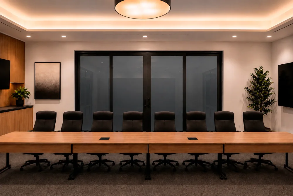 Boardroom wall of PriWatt DLC smart glass switched to tinted