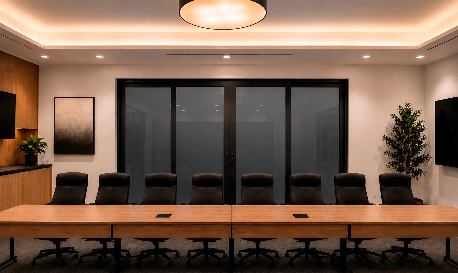 Conference room enclosed by a PriWatt DLC smart glass wall