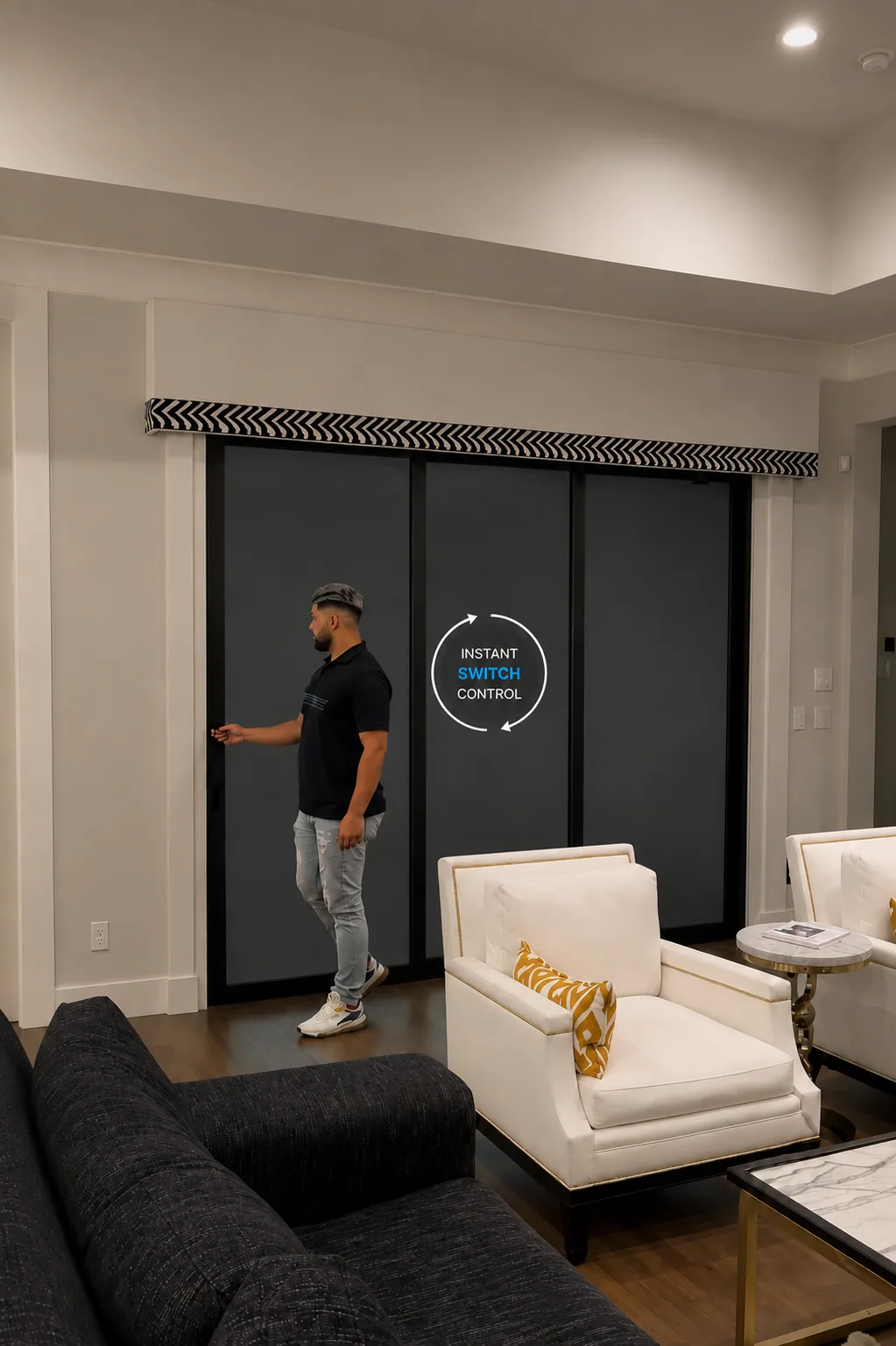 Living room wall of PriWatt DLC smart glass panels switched to dark
