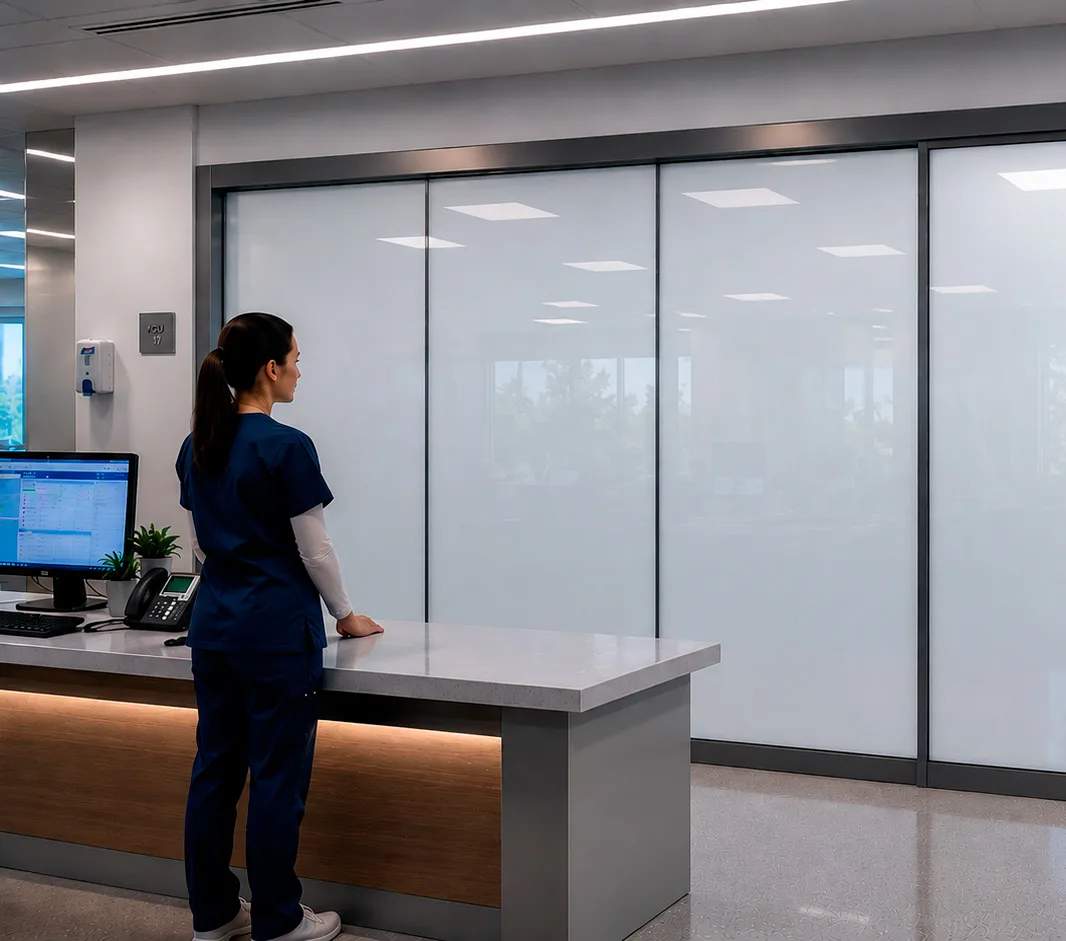 Healthcare reception with PriWatt smart glass switched to privacy mode