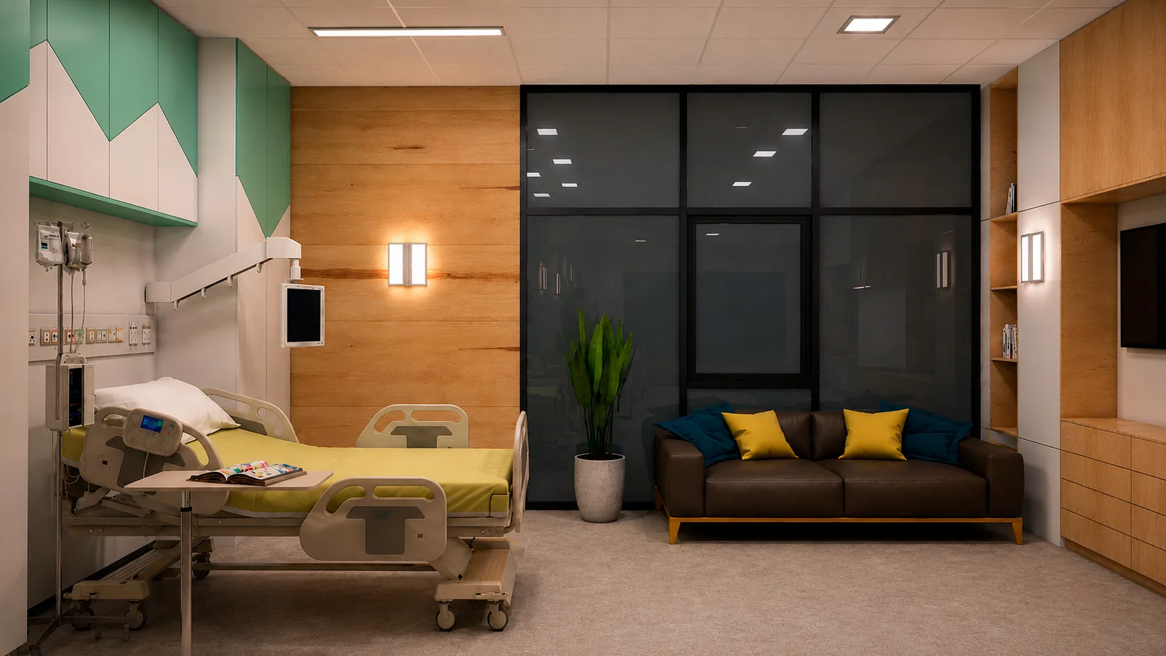 Hospital patient room fitted with PriWatt DLC smart glass