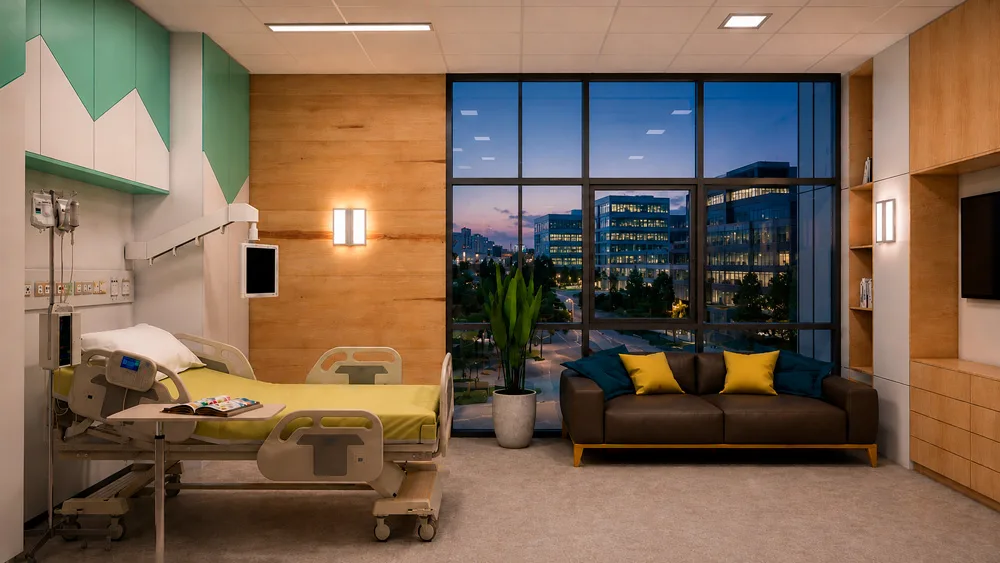The same hospital room window switched clear to a city view