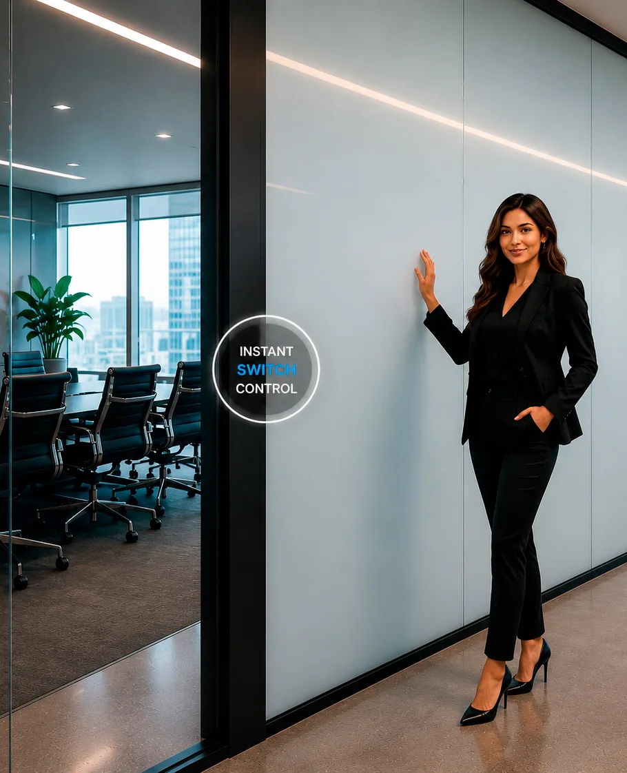 PriWatt PDLC smart glass wall with instant privacy control
