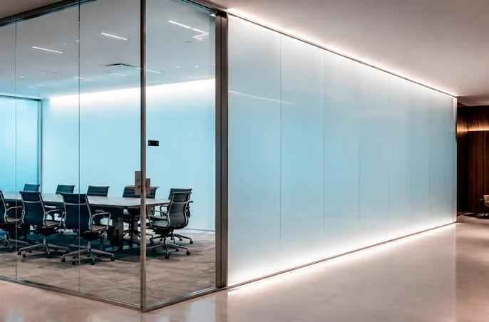 Conference room wall built with PriWatt PNLC reverse-mode smart film