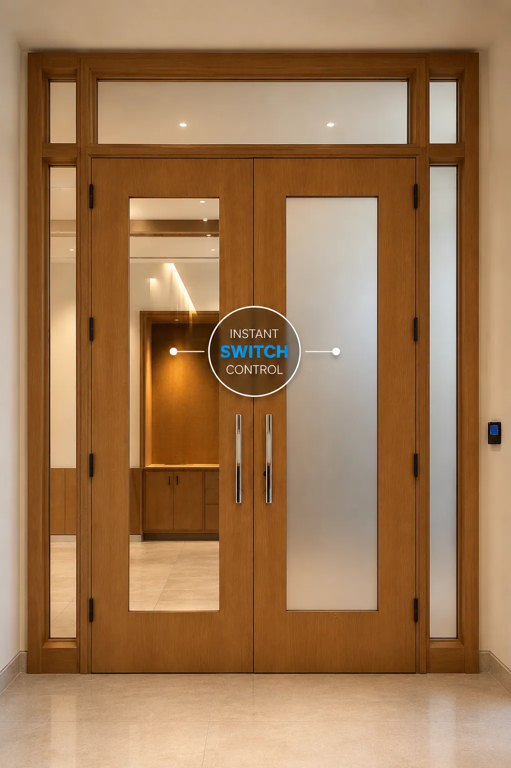 Entry door panel fitted with PriWatt PNLC reverse-mode smart film